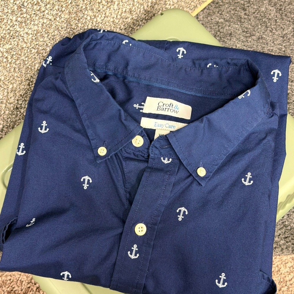 Croft & Barrow Mens XXL Navy Blue Anchor Print Short Sleeve Button Down Shirt - Picture 5 of 5